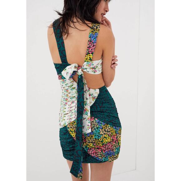 For Love & Lemons NWT Darlene Green Floral Colorblock Cut-Out Mini Dress Large - Picture 7 of 14